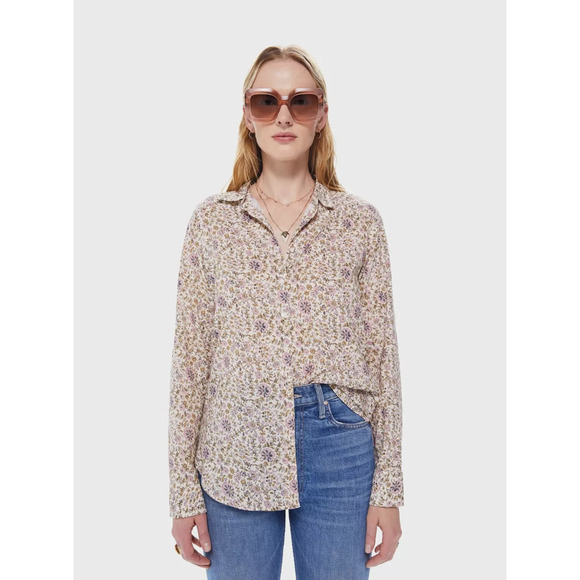 XIRENA Beau Button Down Oversized Boyfriend Shirt Top Ivy Vines Tan S $180 - Picture 1 of 16